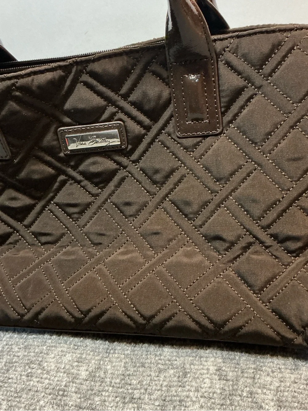 Vera Bradley Quilted Satchel in Dark Brown with Patent Handles